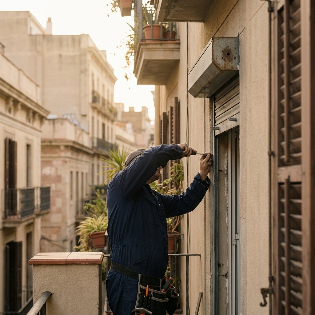 Técnico reparando una persiana en Sabadell